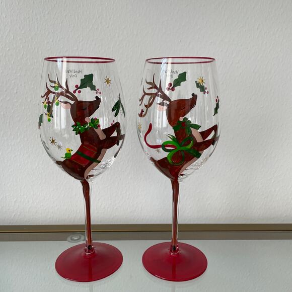 Neiman Marcus Hand-Painted Reindeer Christmas Wine Glasses Set of 4 New - Picture 6 of 16